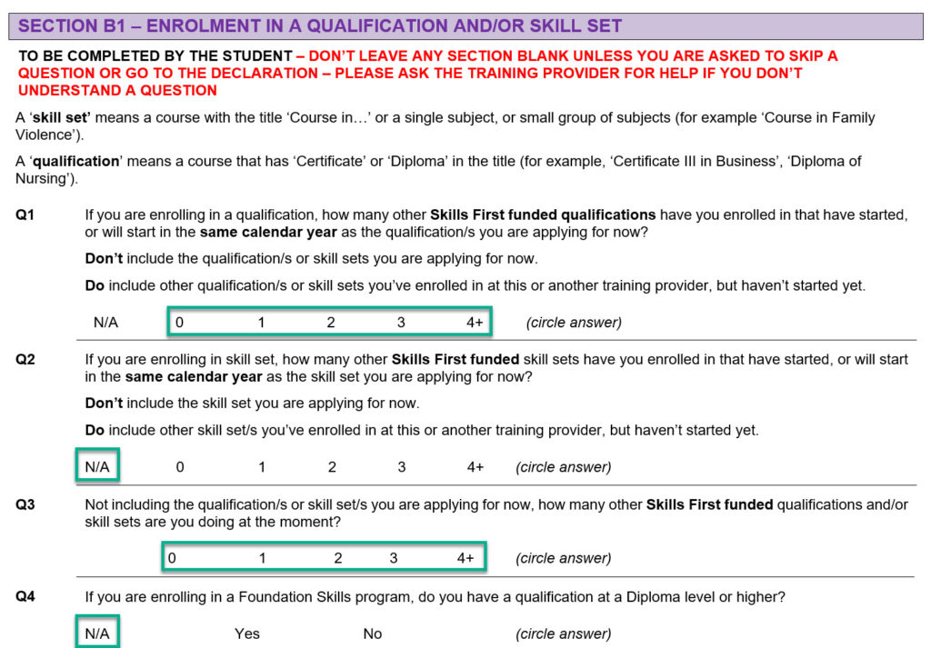 section B1 enrolment in an AQF qualification form questions