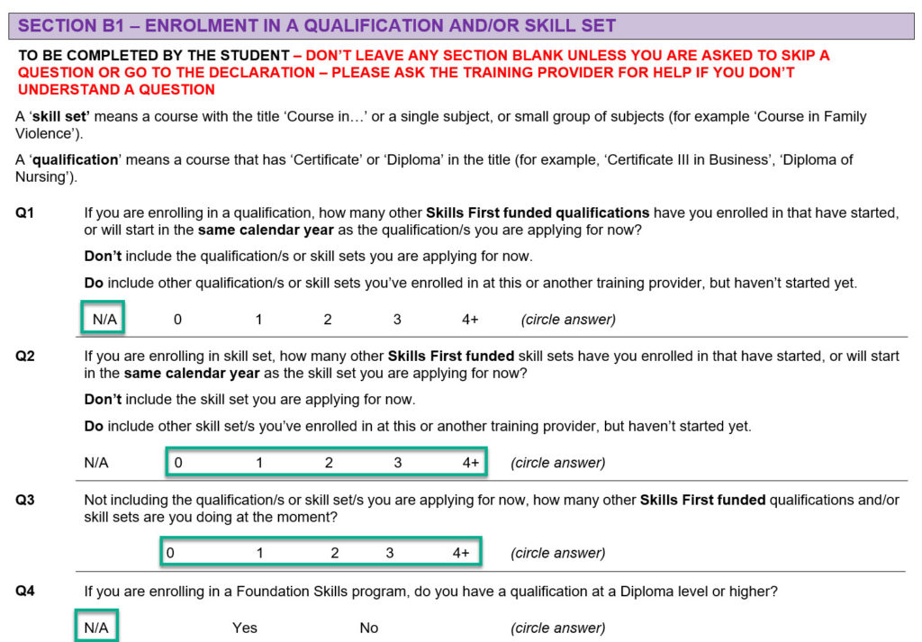 section B1 enrolment in a skill set form questions