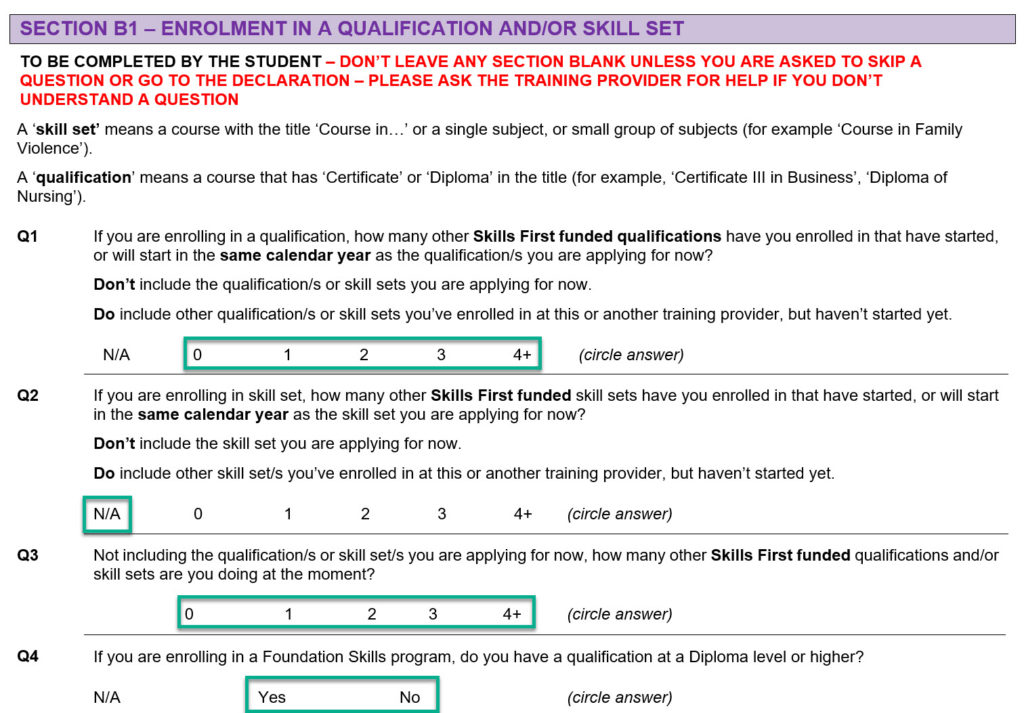 section B1 enrolment in a foundation skills program AQF qualification form questions
