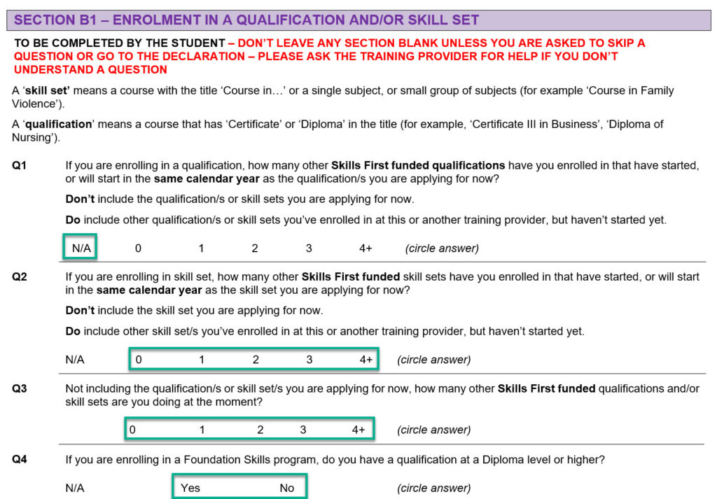 section B1 enrolment in a foundation skills program skill set form questions